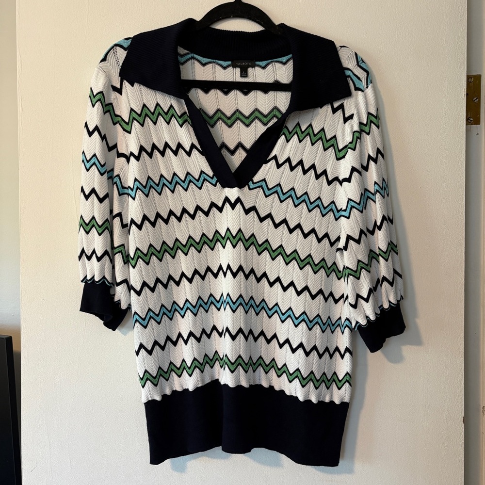 Talbots Sweater Womens L 3/4 Sleeve Pullover Collared Navy White Chevron
